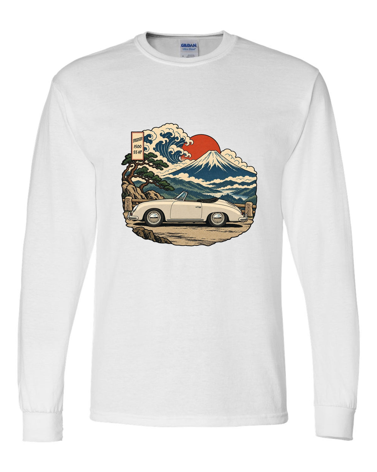 Ukiyo-e woodblock style Porsche 356 Pre-A Speedster on a mountain pass white long sleeve front view with the design