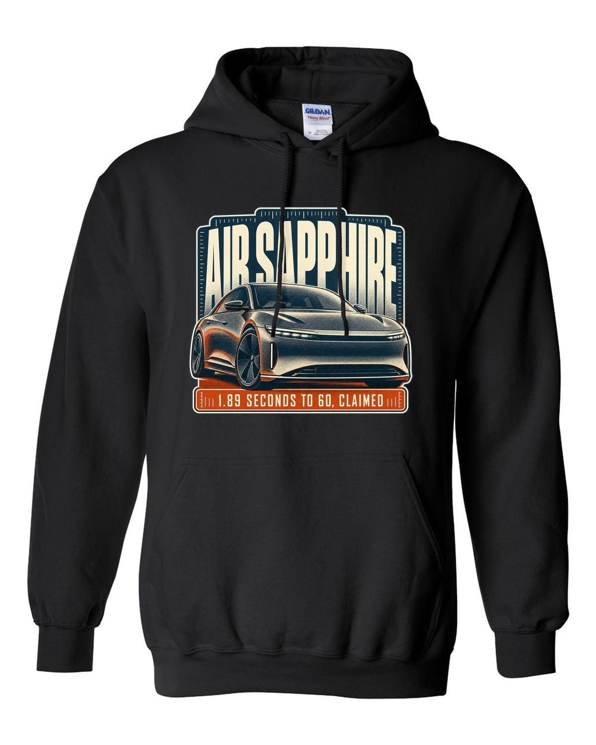 Halftone print of a Lucid Air Sapphire with 1.89 second 0-60 claim black pull over hoodie front view with the design