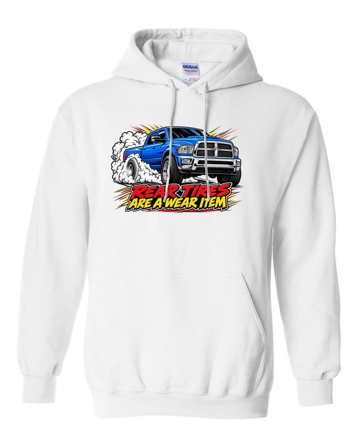 Comic ink burnout print of a 2003-2009 Dodge Ram 2500 5.9 Cummins HO white pull over hoodie front view with the design
