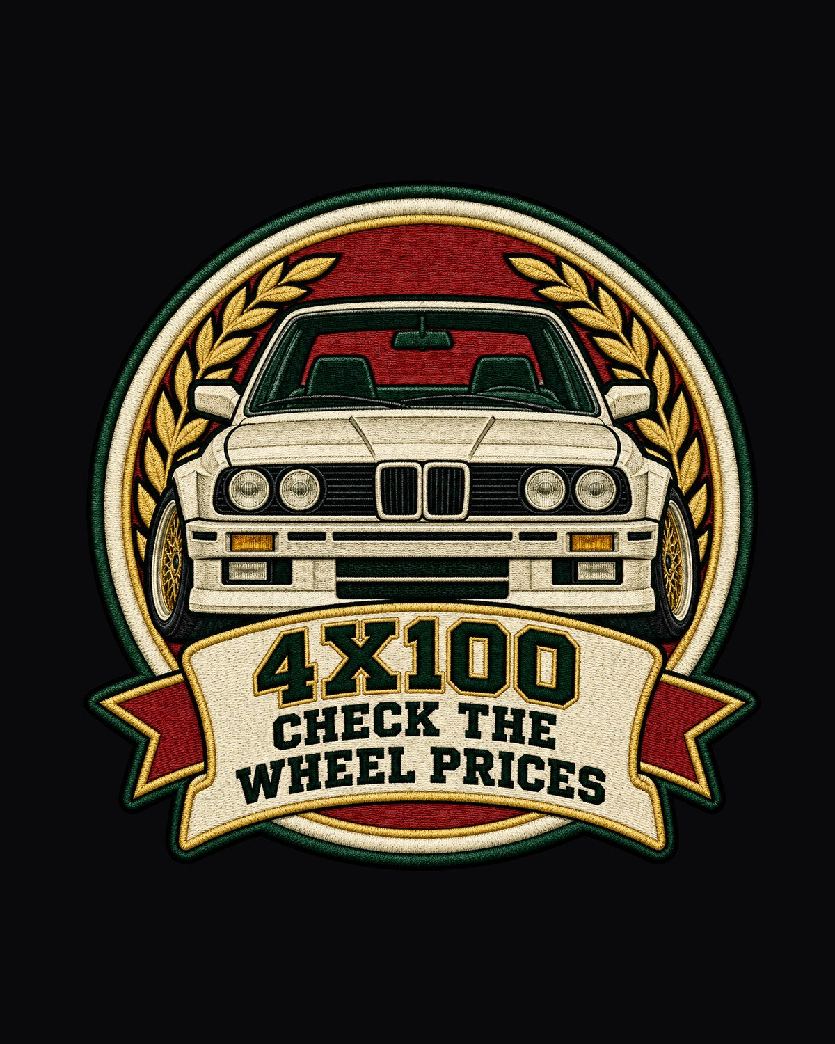 BMW E30 M3 Varsity Crest Tee, Wheel Bolt Pattern Joke design only