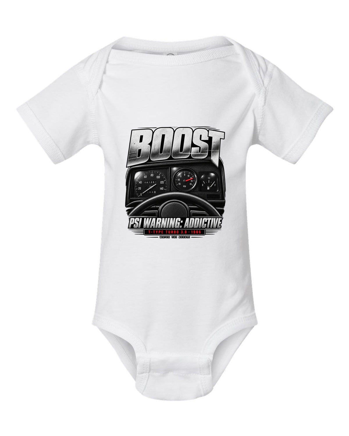 1986 Buick Grand National boost gauge cockpit print with T-Type turbo text white baby onesie front view with the design