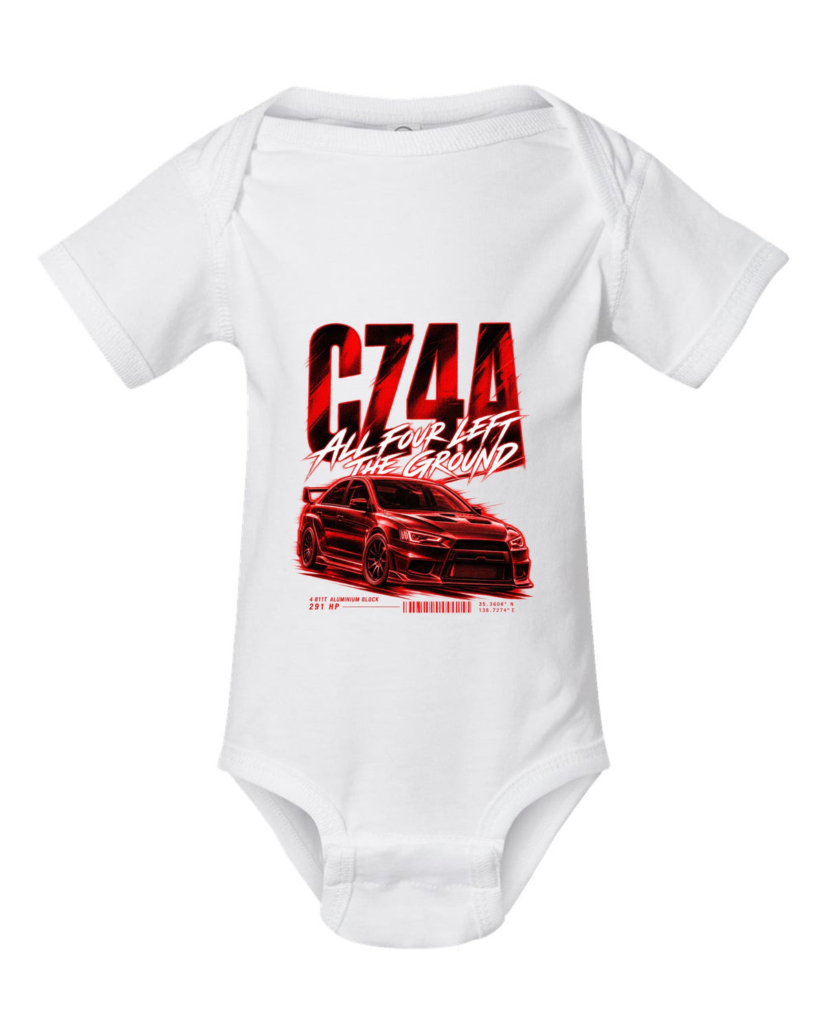 Mitsubishi Lancer Evolution X CZ4A street poster print with 4B11T and 291 HP text white baby onesie front view with the design