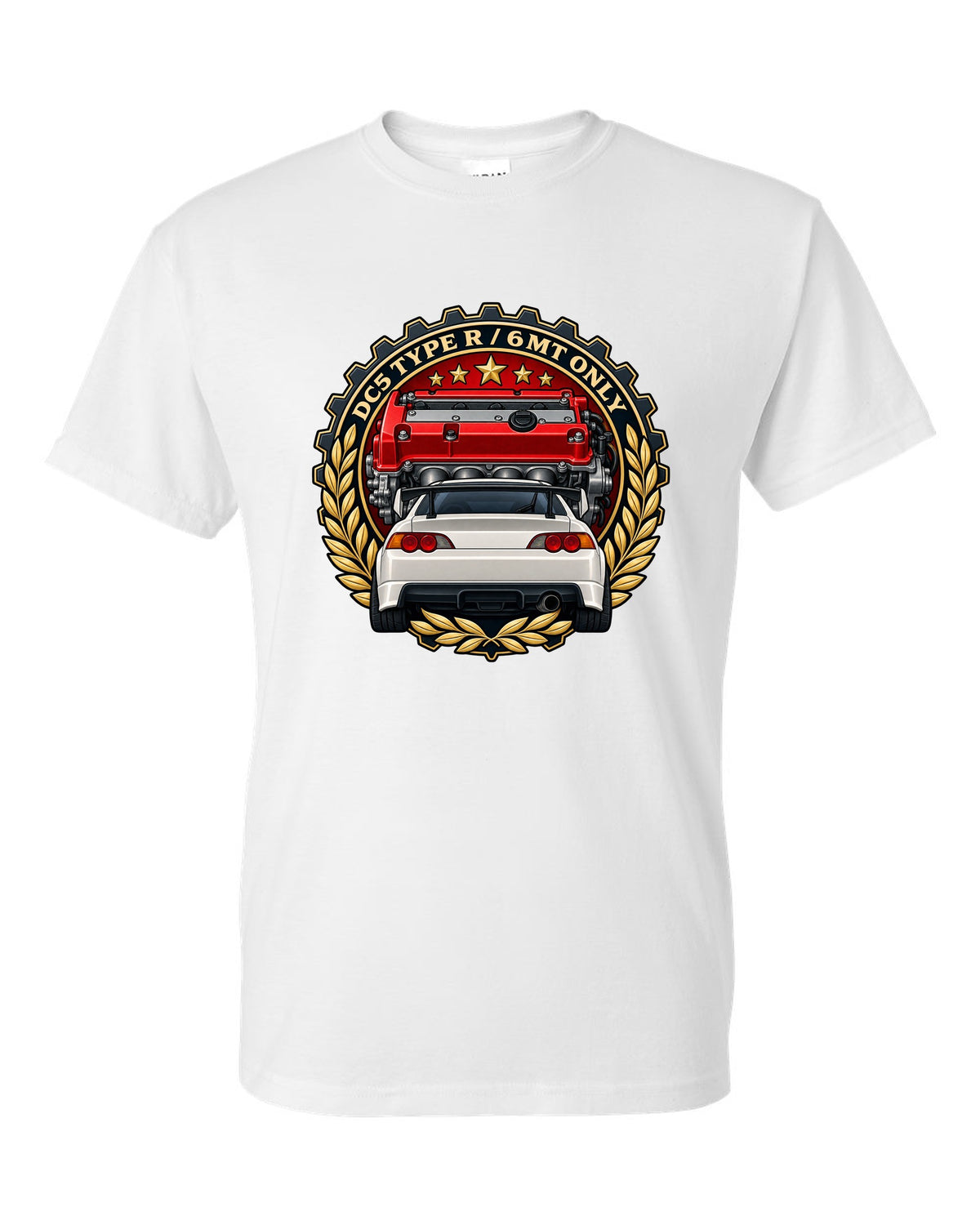 Cel-shaded anime night touge scene with a Honda Integra Type R DC5 white t-shirt front view with the design