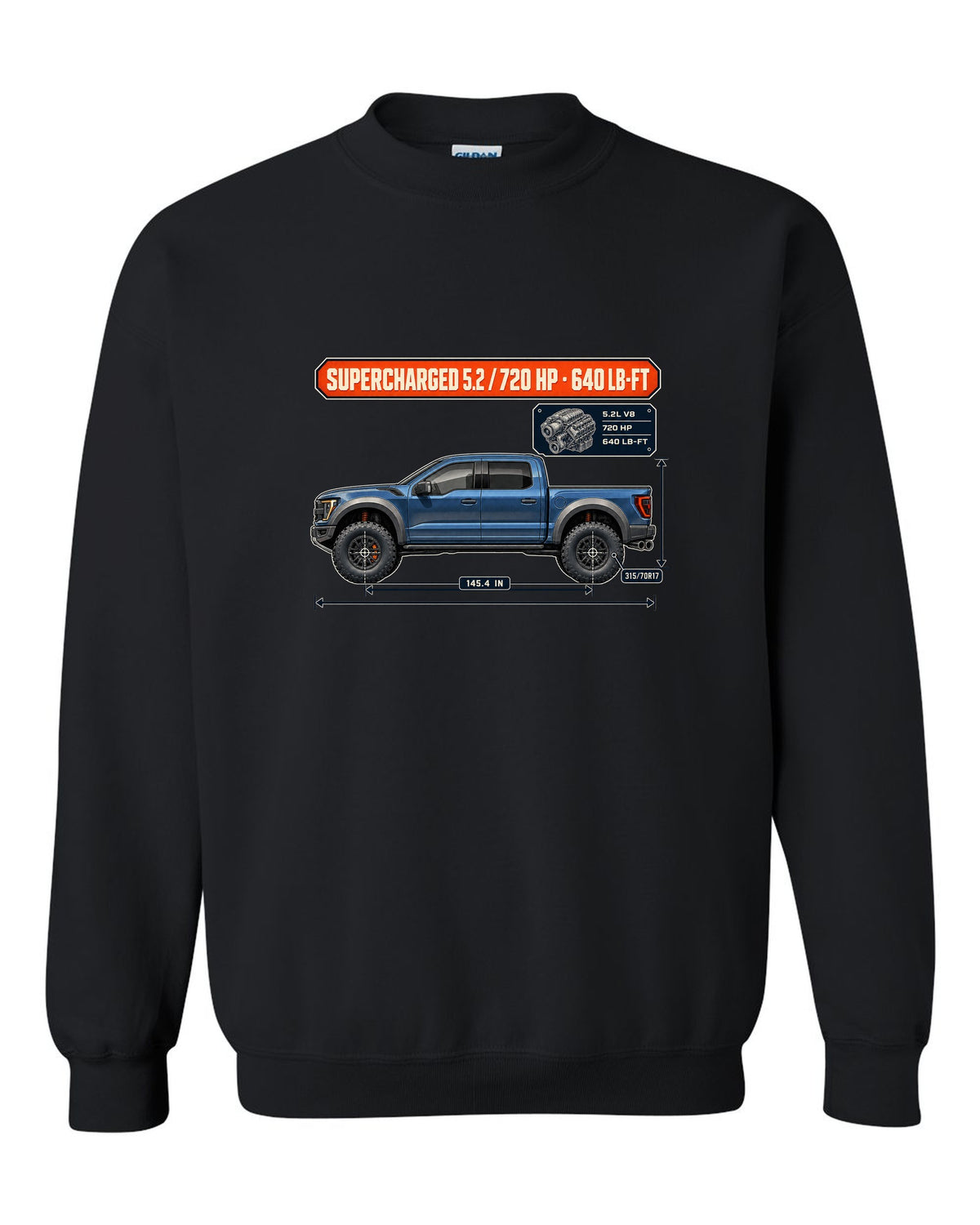 Ford F-150 Raptor R 2023 dimension blueprint print with 720 HP spec black crewneck front view with the design