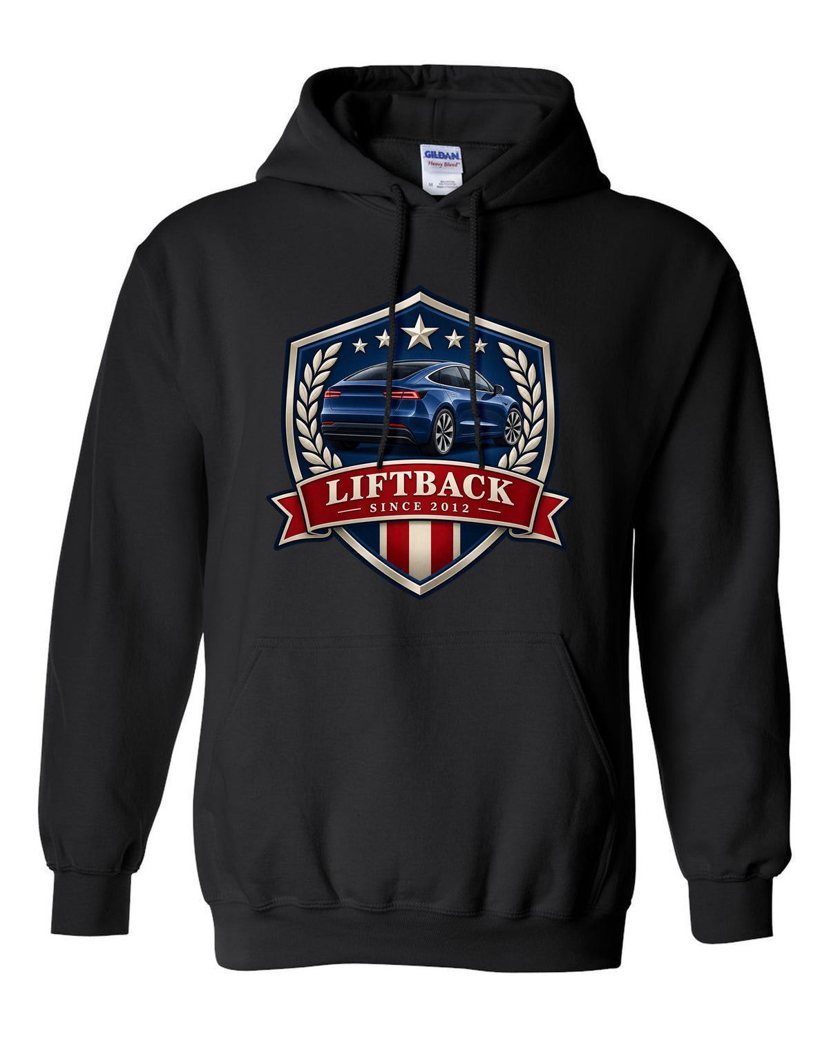 Original shield crest design of a 2021 Tesla Model S Plaid with the words Liftback Since 2012 black pull over hoodie front view with the design