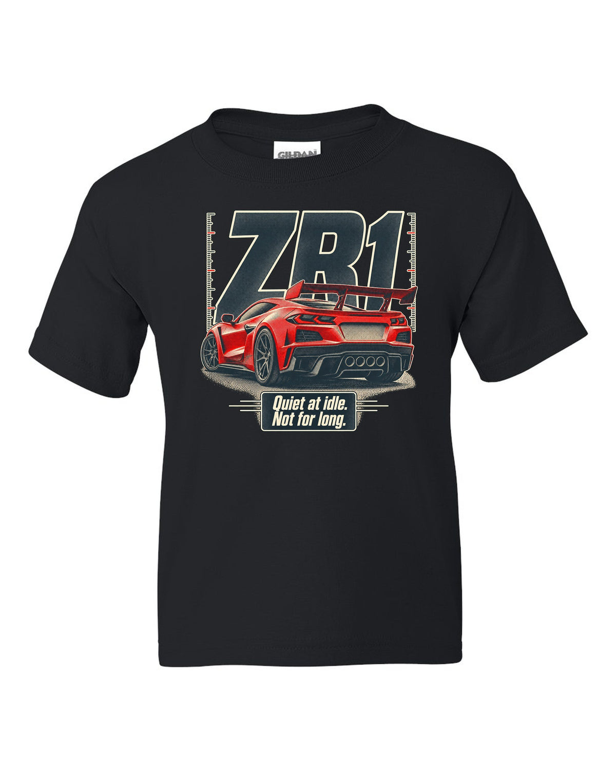 Halftone print of a Chevrolet Corvette C8 ZR1 with a quiet at idle statement black kids tee front view with the design