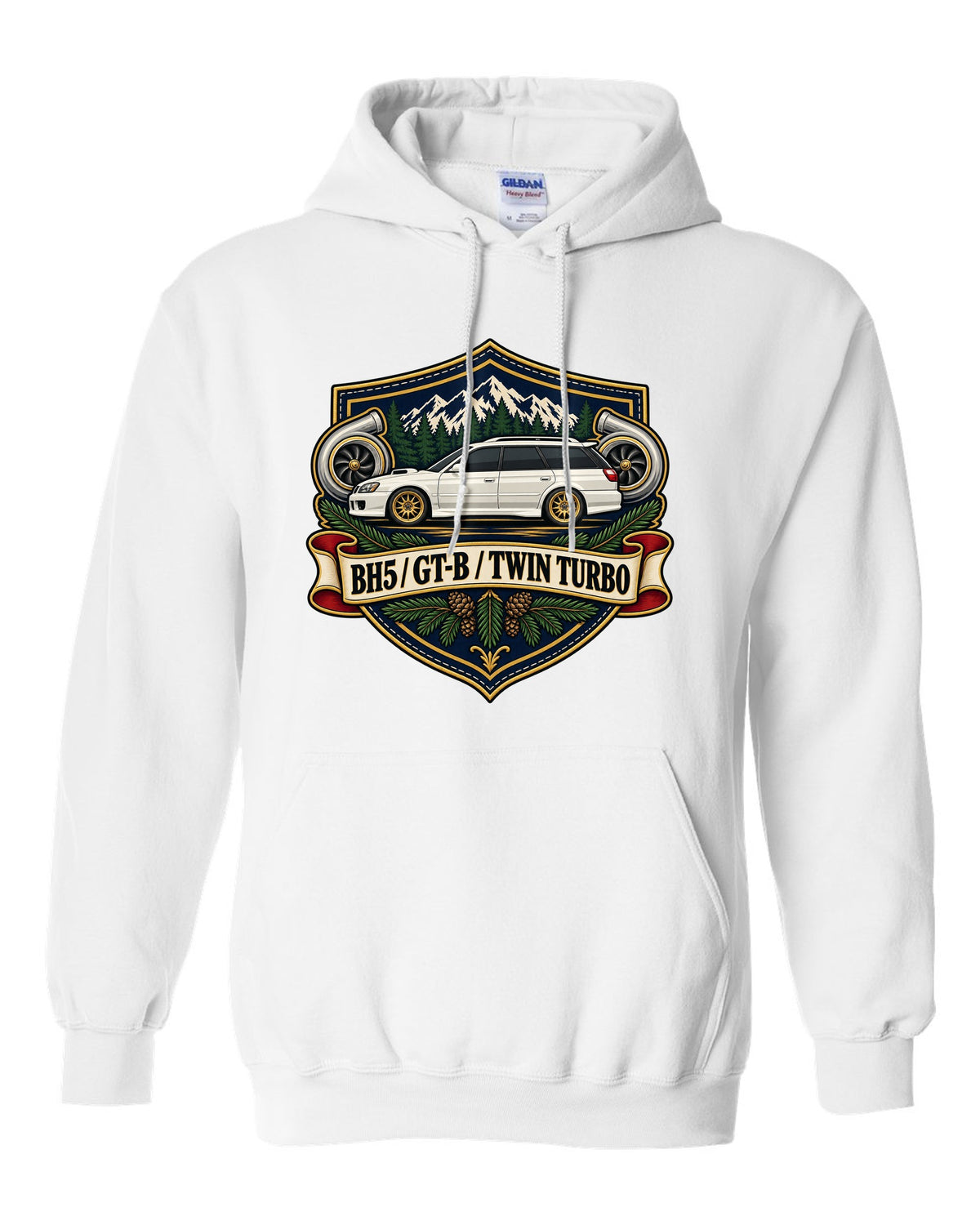 Subaru Legacy BH5 GT-B wagon shield crest print, BH5 / GT-B / TWIN TURBO white pull over hoodie front view with the design
