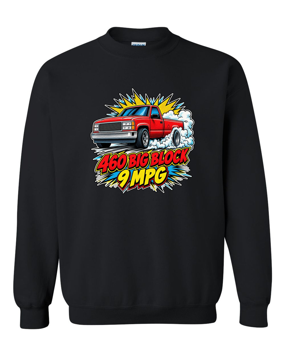 Comic halftone pop-art print of a 1992-97 Ford F-150 OBS burnout with 460 big block text black crewneck front view with the design