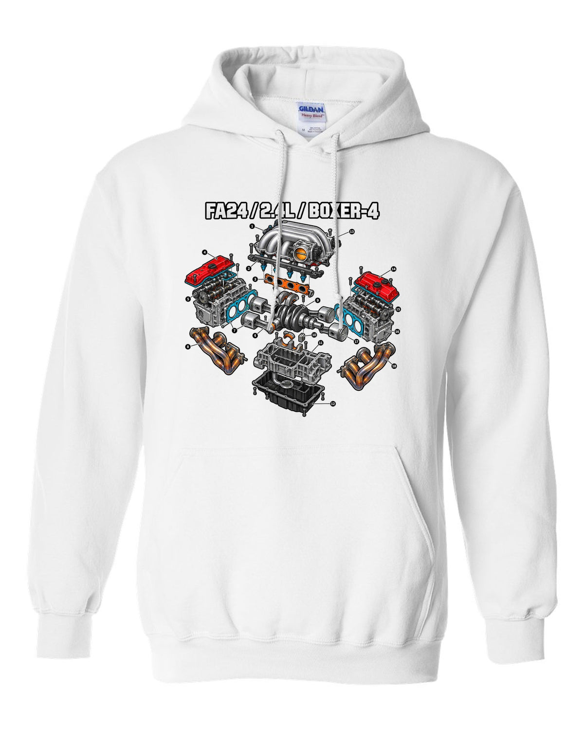 Cutaway exploded diagram of the FA24 2.4L boxer-four engine for a Toyota GR86 ZN8 white pull over hoodie front view with the design