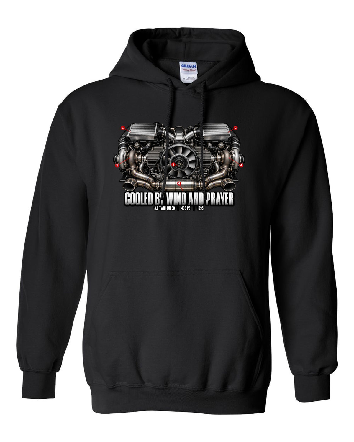 Engine hero print of the Porsche 911 Turbo (993) air-cooled twin-turbo flat-six with the line Cooled By Wind And Prayer black pull over hoodie front view with the design