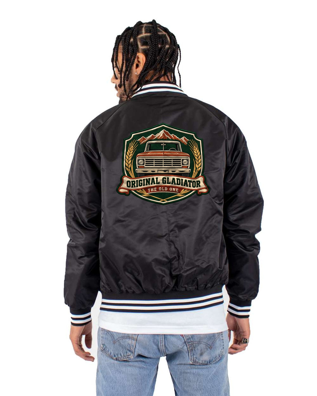 Jeep Gladiator J-Series Ranch Hand Varsity Crest Tee Bomber Jacket Black back