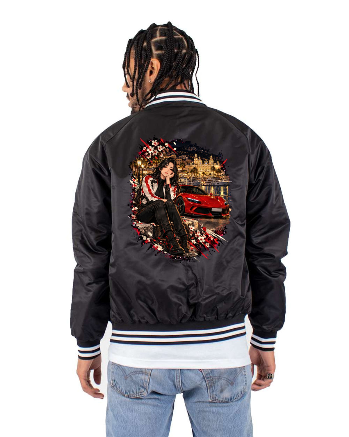 Ferrari 296 GTB Anime Girl Shirt, Hoodie & More Bomber Jacket Black back