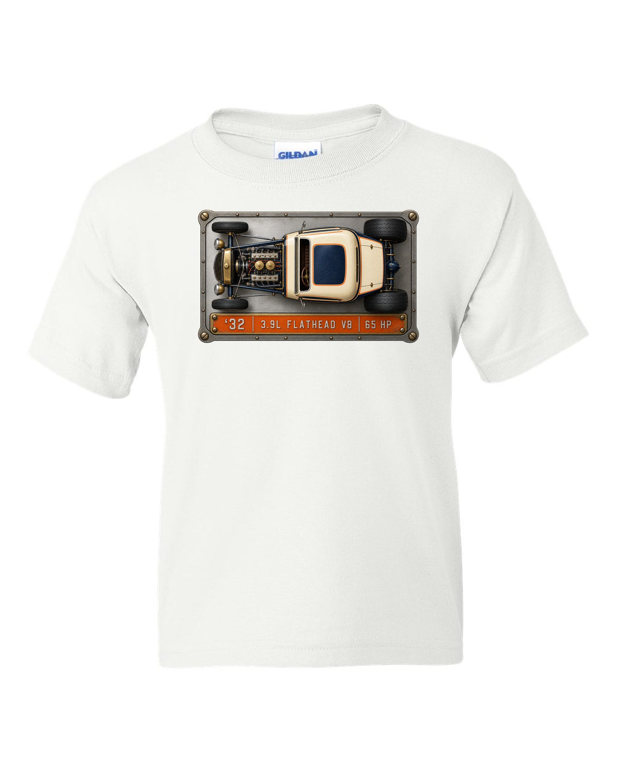 Spec sheet data plate print of a top-down 1932 Ford Deuce coupe with flathead V8 lettering white kids tee front view with the design