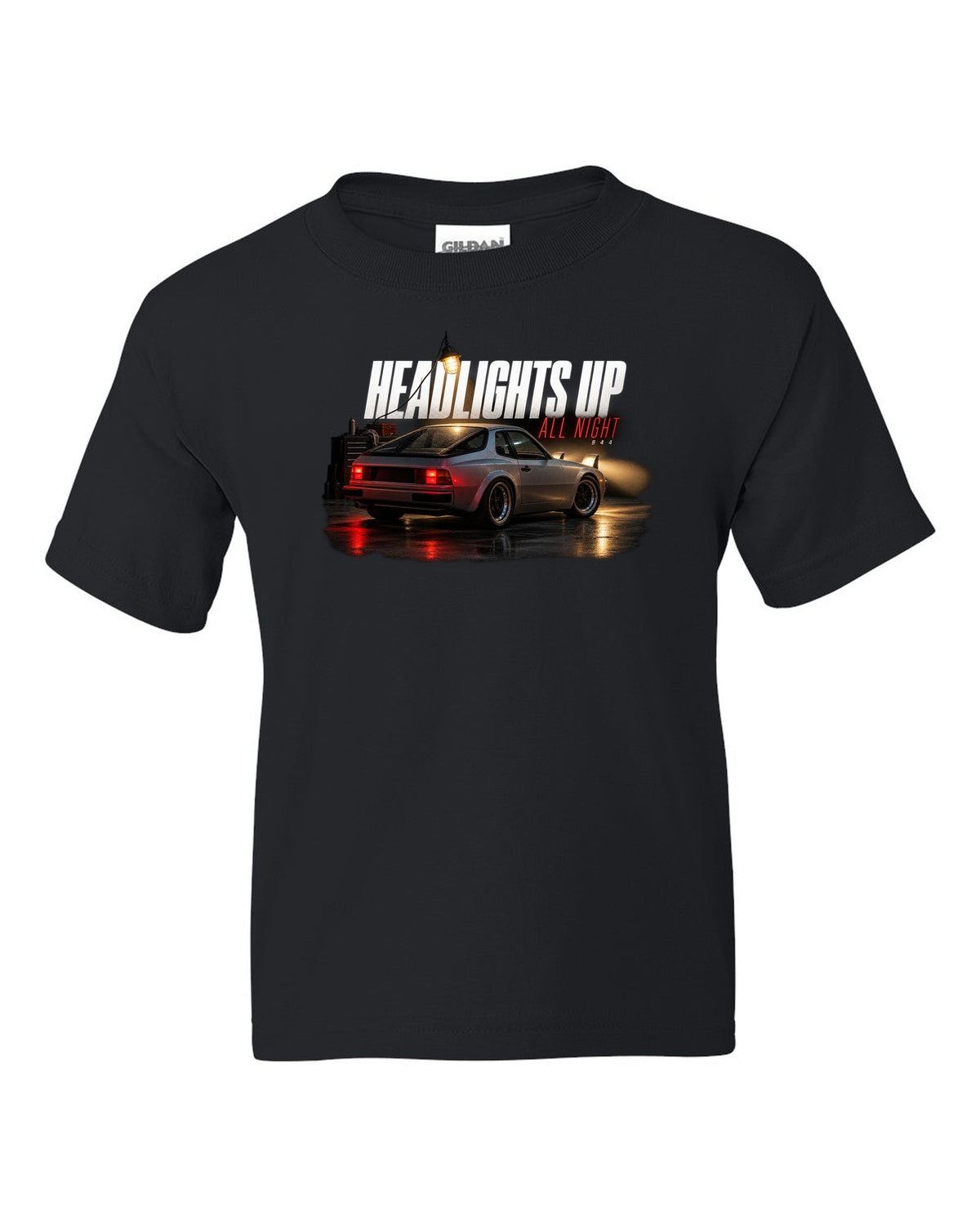 Garage night print of an early Porsche 944 with pop-up headlights raised black kids tee front view with the design