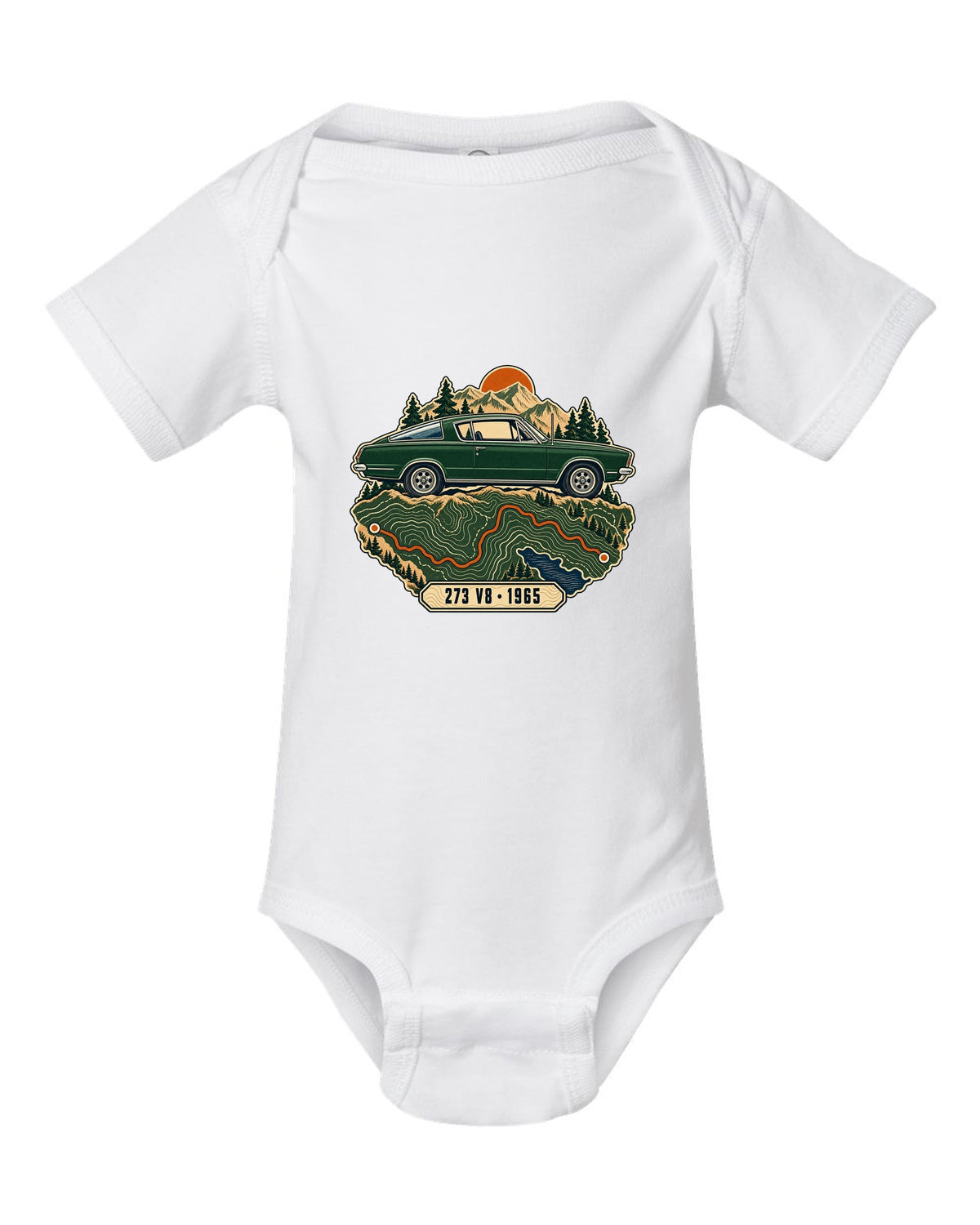 Topographic route map design with a 1965 Plymouth Barracuda fastback and 273 V8 lettering white baby onesie front view with the design