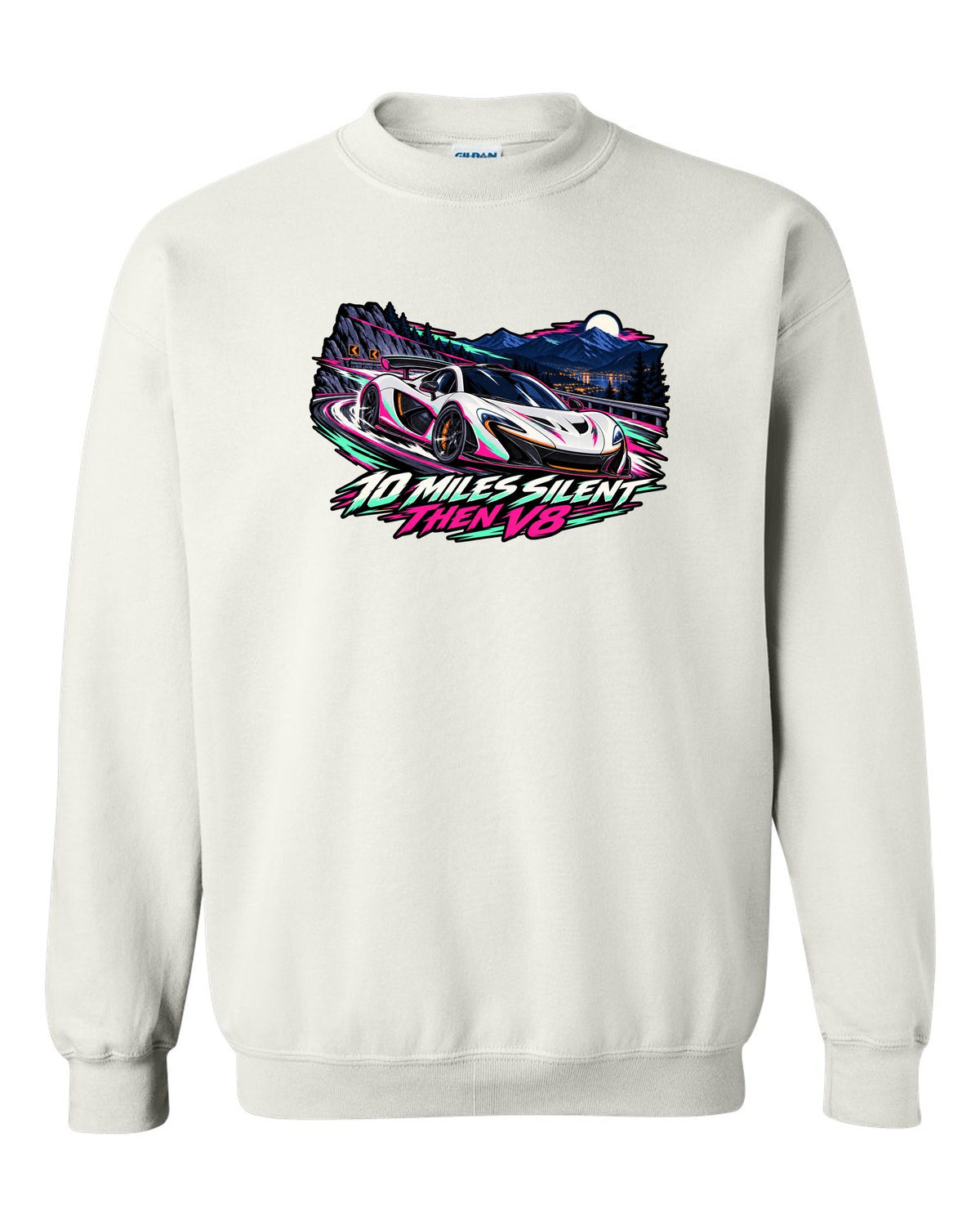 Cel-shaded anime night touge print of a McLaren P1 with 10 Miles Silent Then V8 lettering white crewneck front view with the design