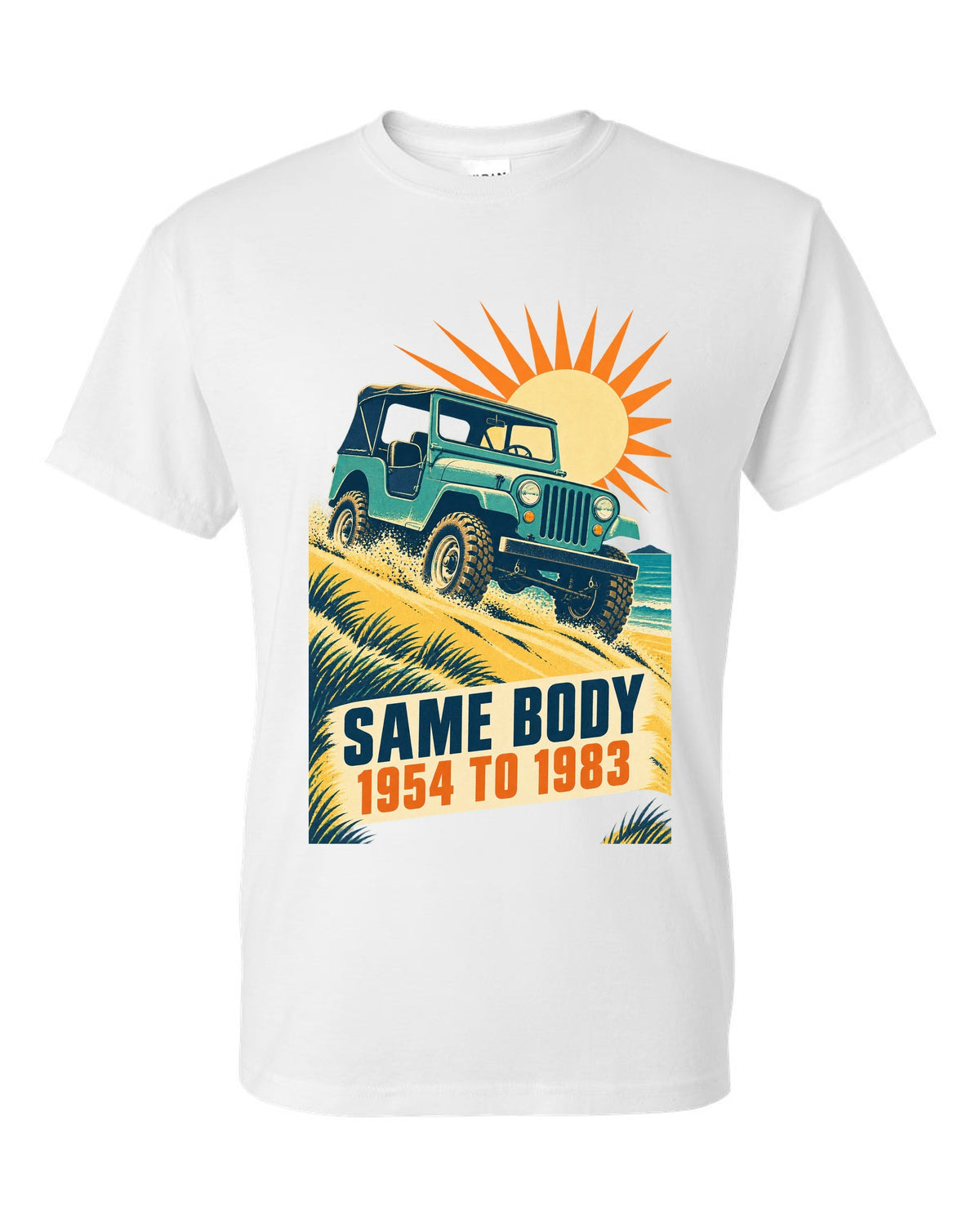 Vintage race poster print of a Jeep CJ-5 climbing a dune white t-shirt front view with the design