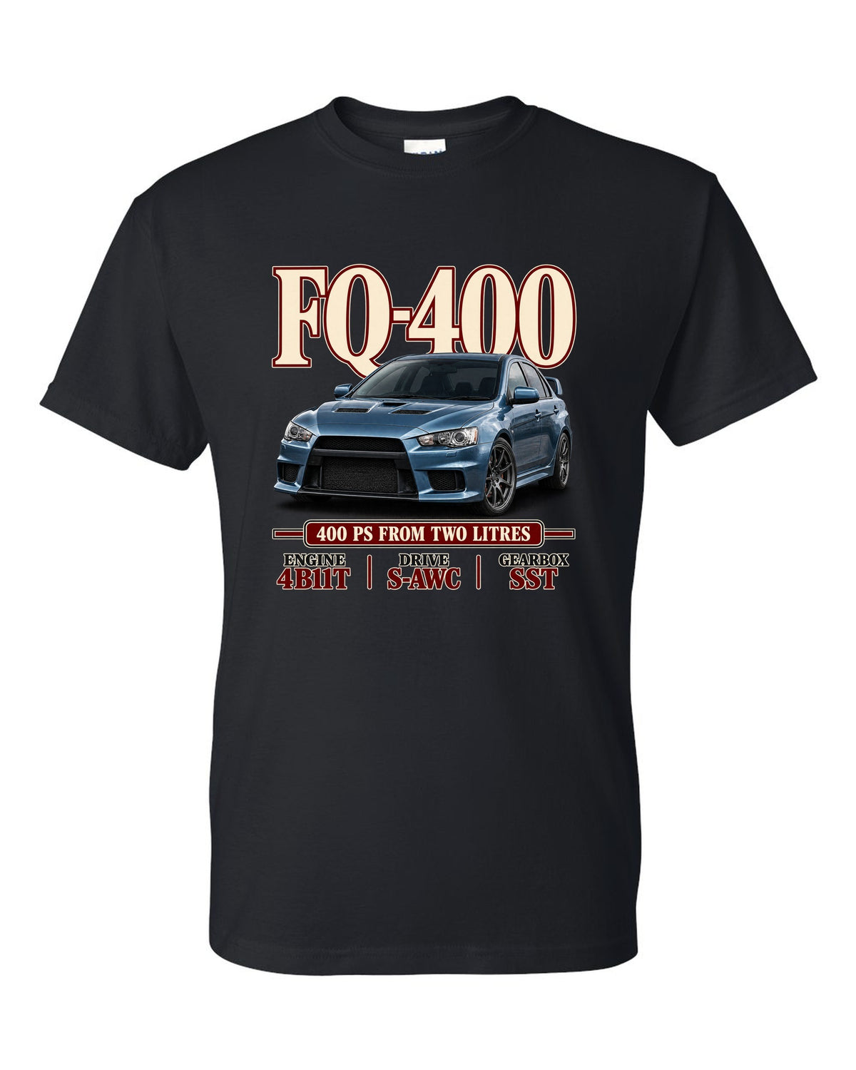 Mitsubishi Lancer Evolution X FQ-400 low front three-quarter archive panel print black t-shirt front view with the design