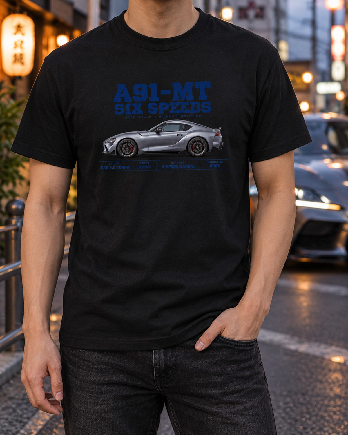 GR Supra A91-MT Three-View Spec Shirt, Manual Car Gift T-Shirt Black worn hero