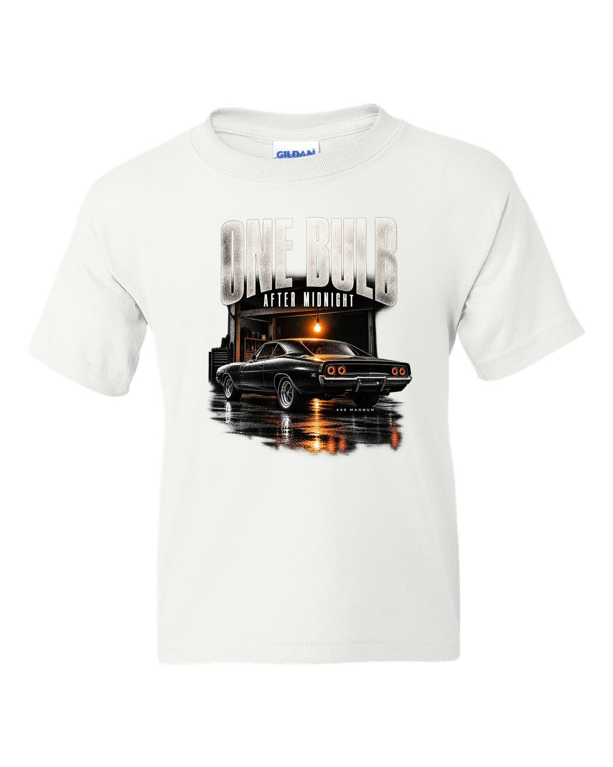 1969 Dodge Charger R/T B-body garage night print with one bulb after midnight lettering white kids tee front view with the design