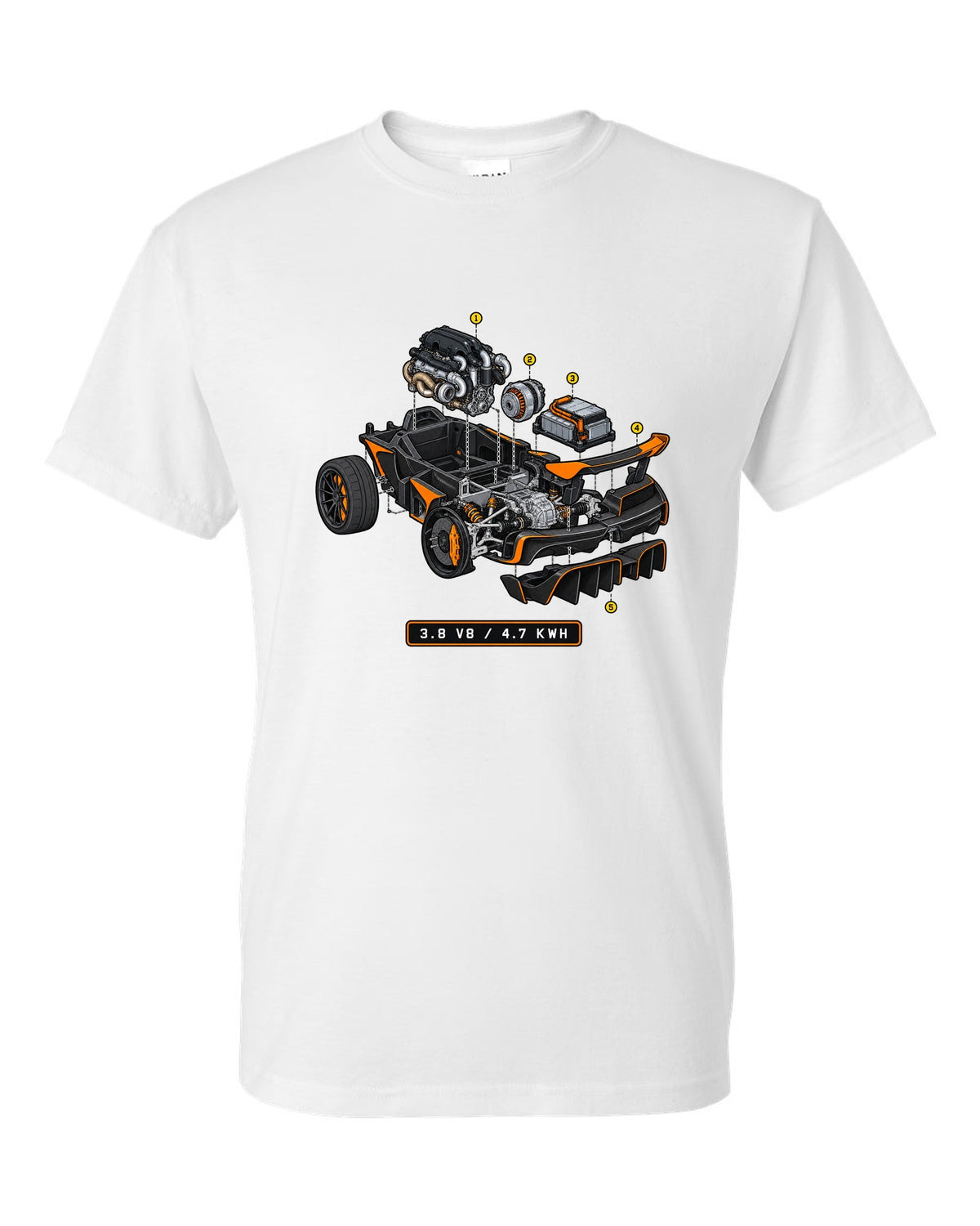 Exploded isometric cutaway print of the McLaren P1 with 3.8 V8 and 4.7 kWh lettering white t-shirt front view with the design