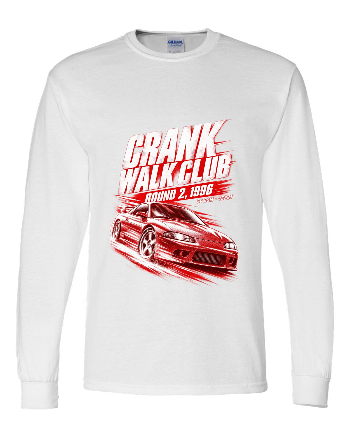 Mitsubishi Eclipse GSX 2G DSM race poster print with 4G63T and Crank Walk Club text white long sleeve front view with the design