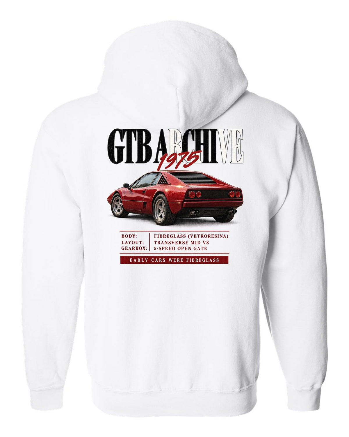 Ferrari 308 GTB 1975 archive panel print, early cars were fibreglass white zip hoodie back view with the design