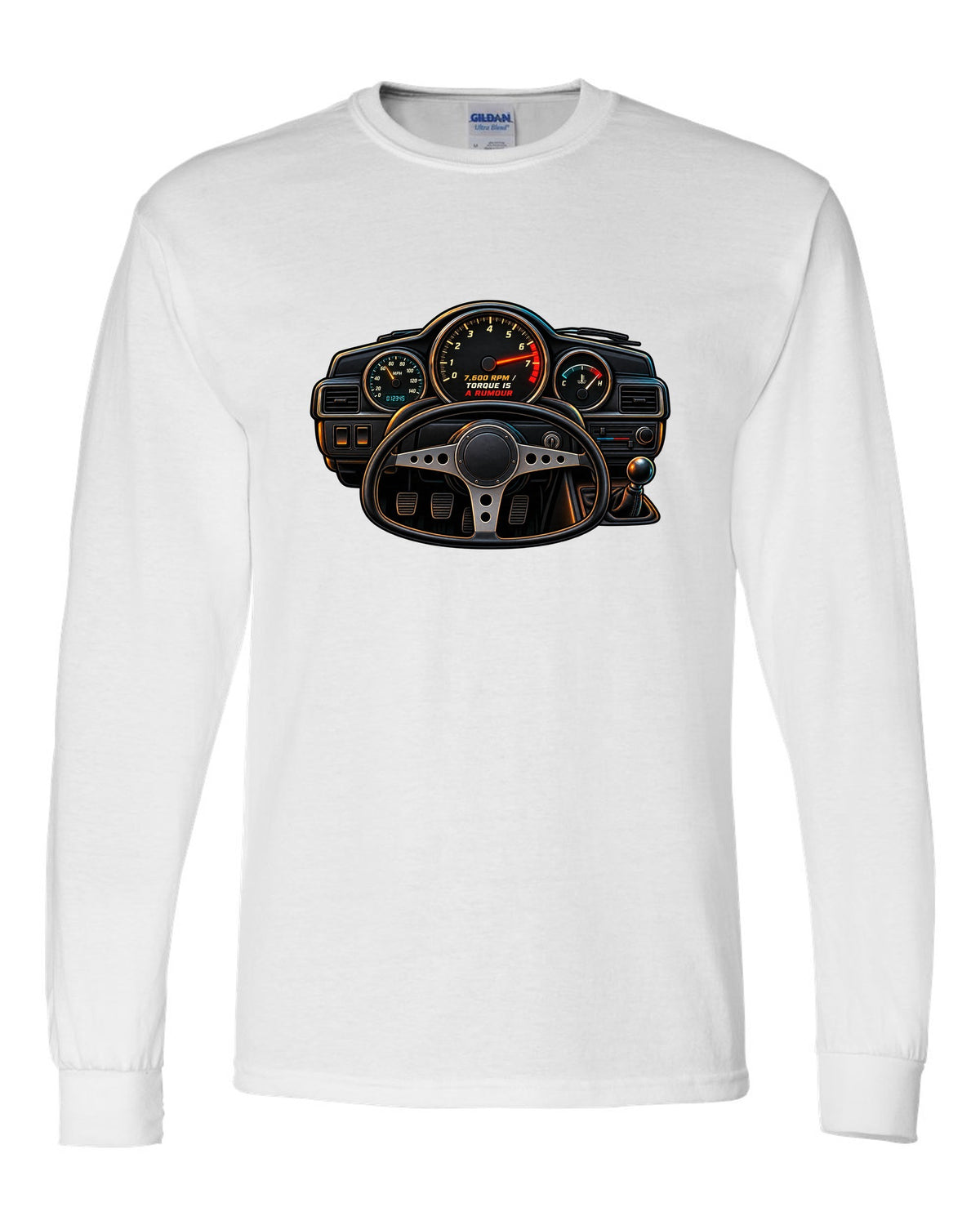 Linocut woodcut-style Toyota Corolla Levin AE86 with garage Saturday slogan white long sleeve front view with the design