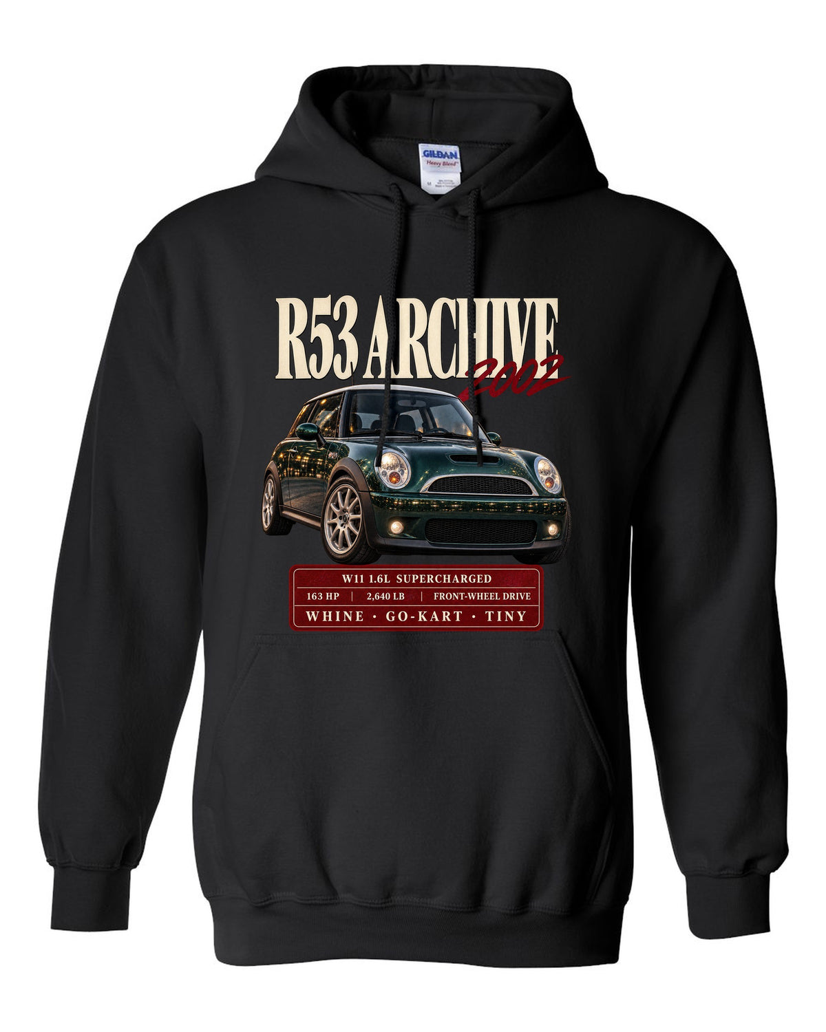 Mini Cooper S R53 archive panel with W11 supercharged engine specs black pull over hoodie front view with the design