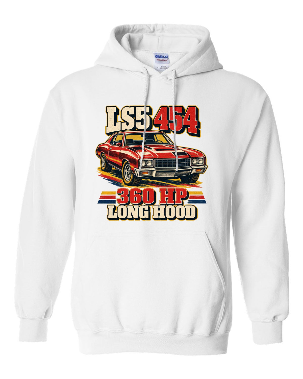 Vintage race poster print of a 1970 Chevrolet Monte Carlo SS 454 with the text LS5 454, 360 HP, Long Hood white pull over hoodie front view with the design