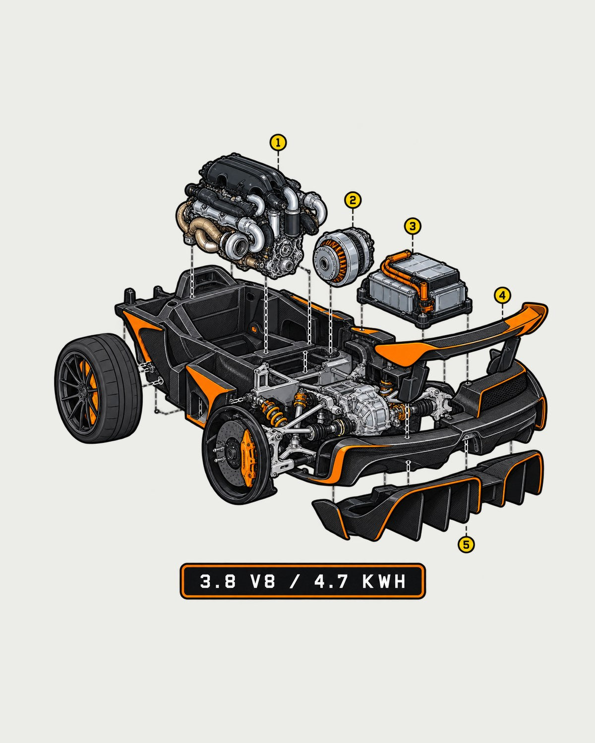 McLaren P1 Exploded Cutaway Tee, 3.8 V8 Hybrid Diagram design only