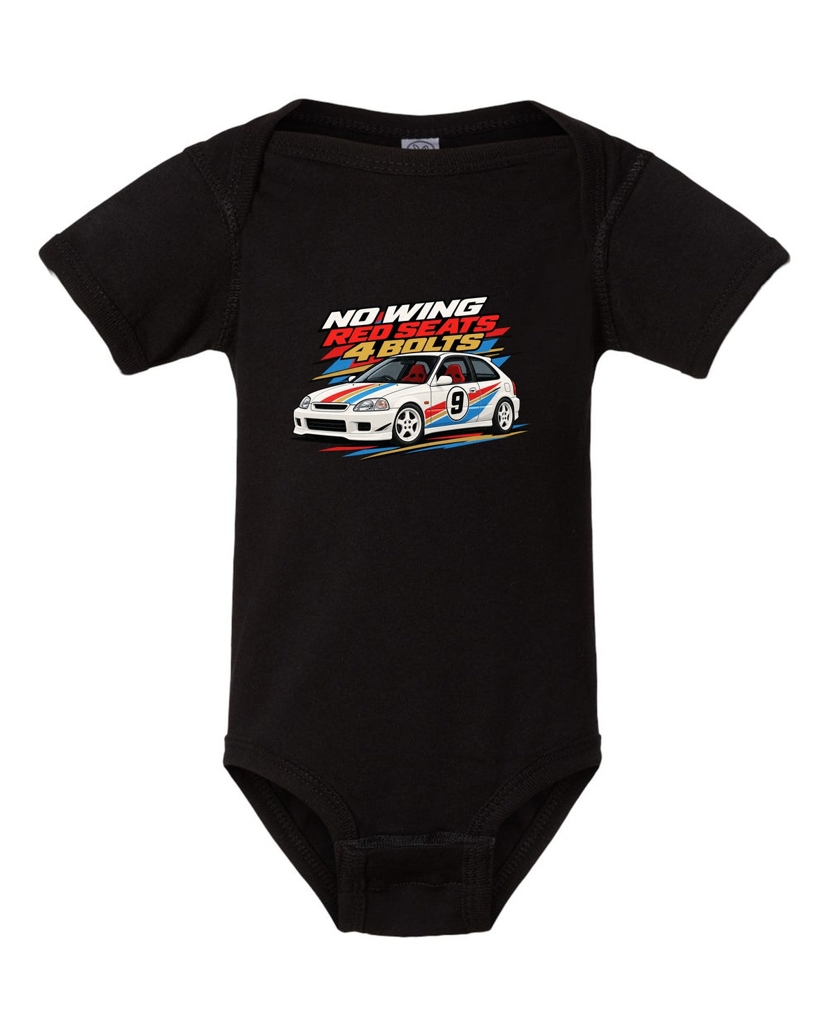 Retro racing livery print of a Honda Civic Type R EK9 with no wing red seats 4 bolts text black baby onesie front view with the design