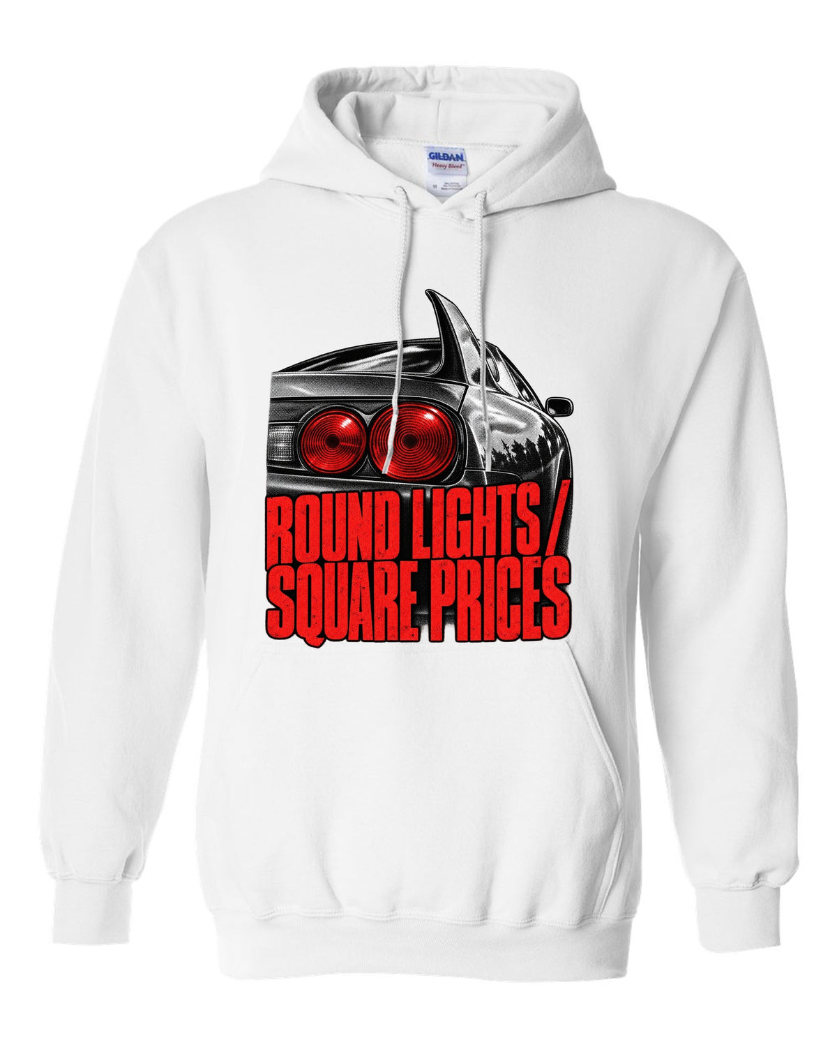 print of a Toyota Supra A80 JZA80 round taillight close-up with the text Round Lights Square Prices white pull over hoodie front view with the design