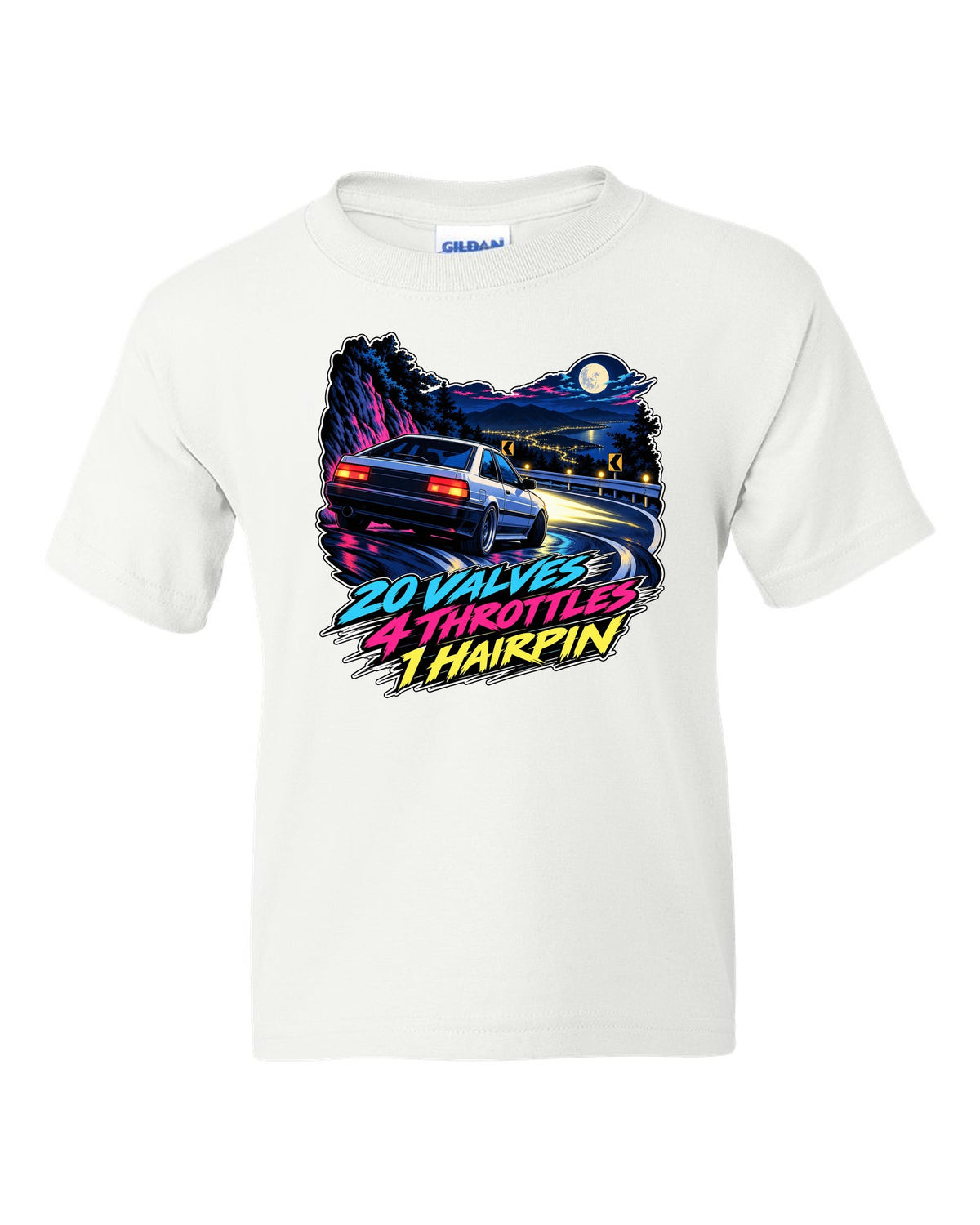 Cel-shaded 90s anime night touge scene of a Toyota Corolla AE101 with valves and throttles lettering white kids tee front view with the design