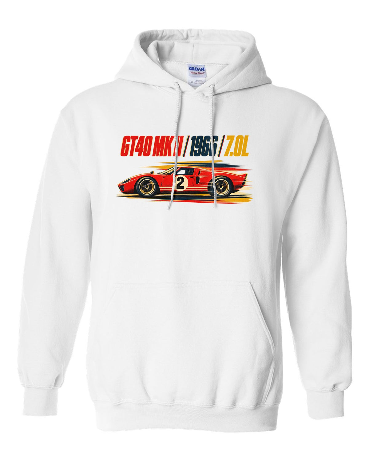Vintage litho race poster of a 1966 Ford GT40 Mk II with 7.0L lettering white pull over hoodie front view with the design