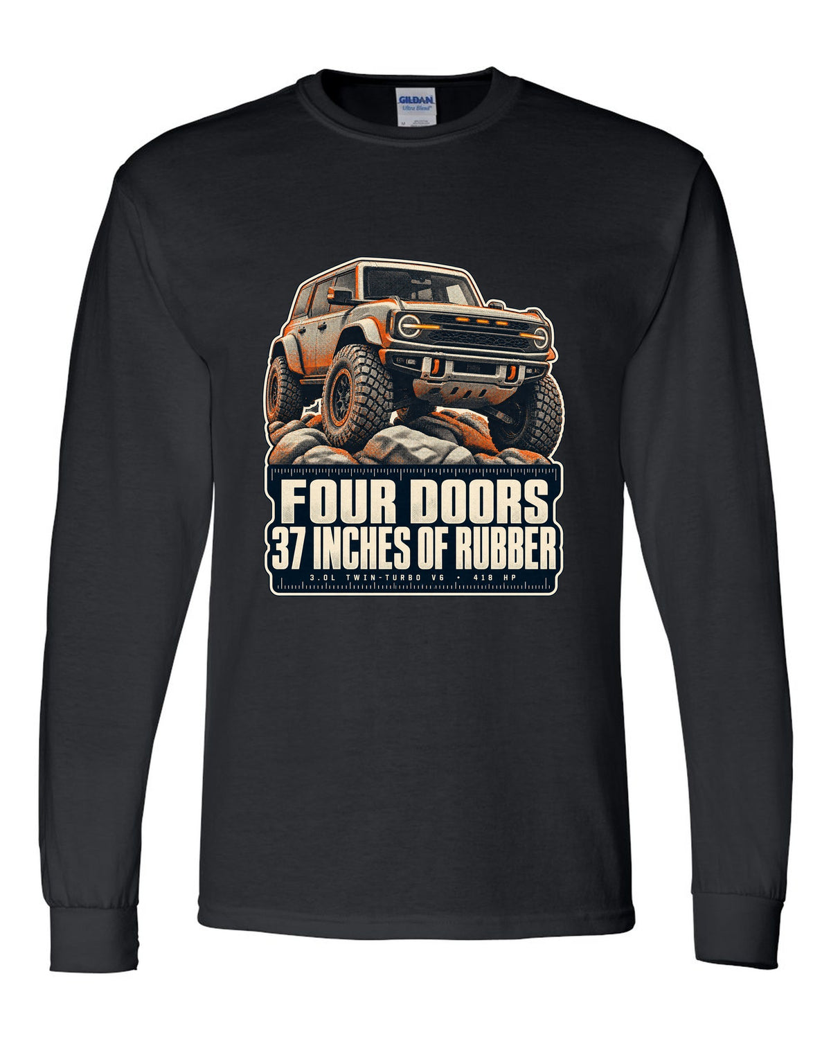 Ford Bronco Raptor halftone print with four doors 37 inches text black long sleeve front view with the design