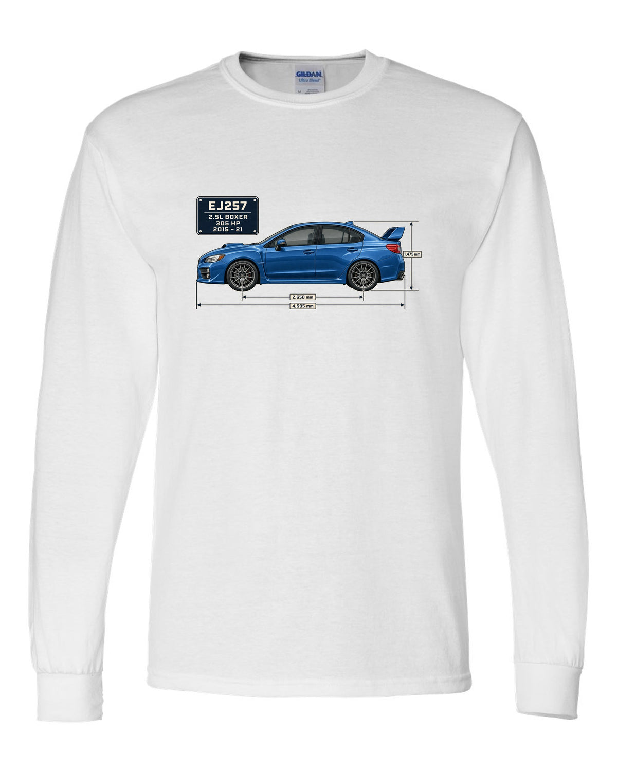 Subaru WRX STI VA sedan blueprint profile in blue-grey white long sleeve front view with the design