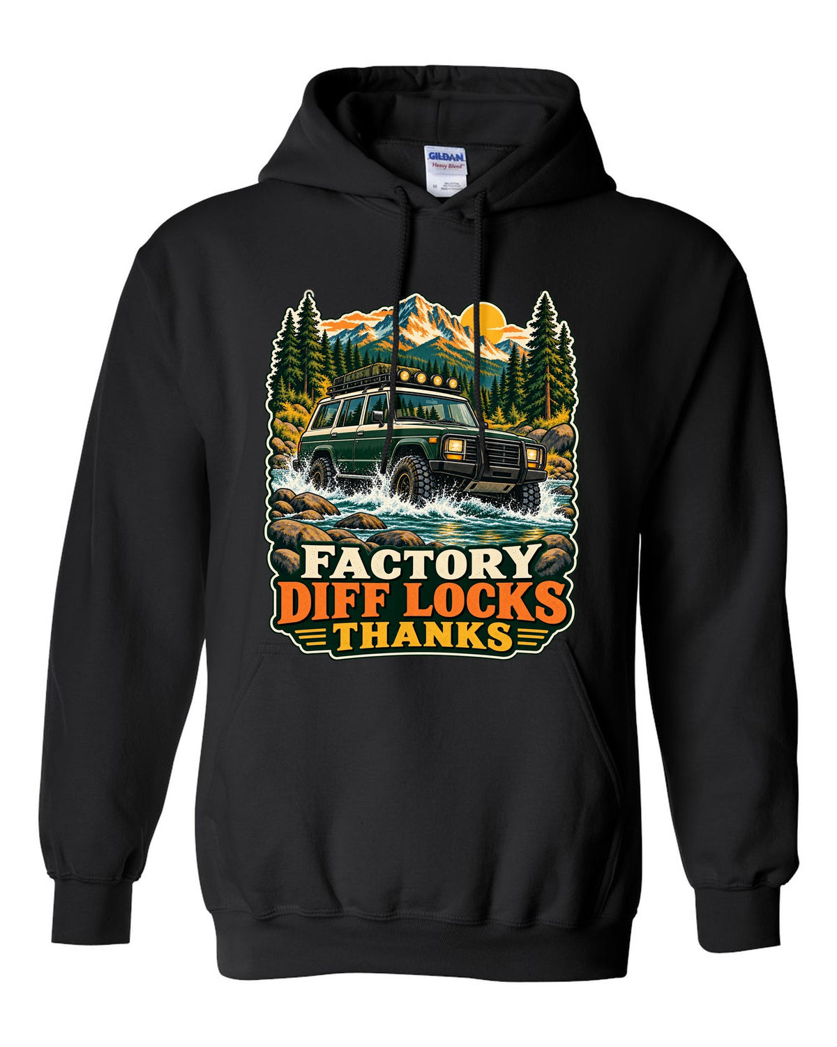 Retro national park poster of a Toyota Land Cruiser FZJ80 crossing a river with diff locks lettering black pull over hoodie front view with the design