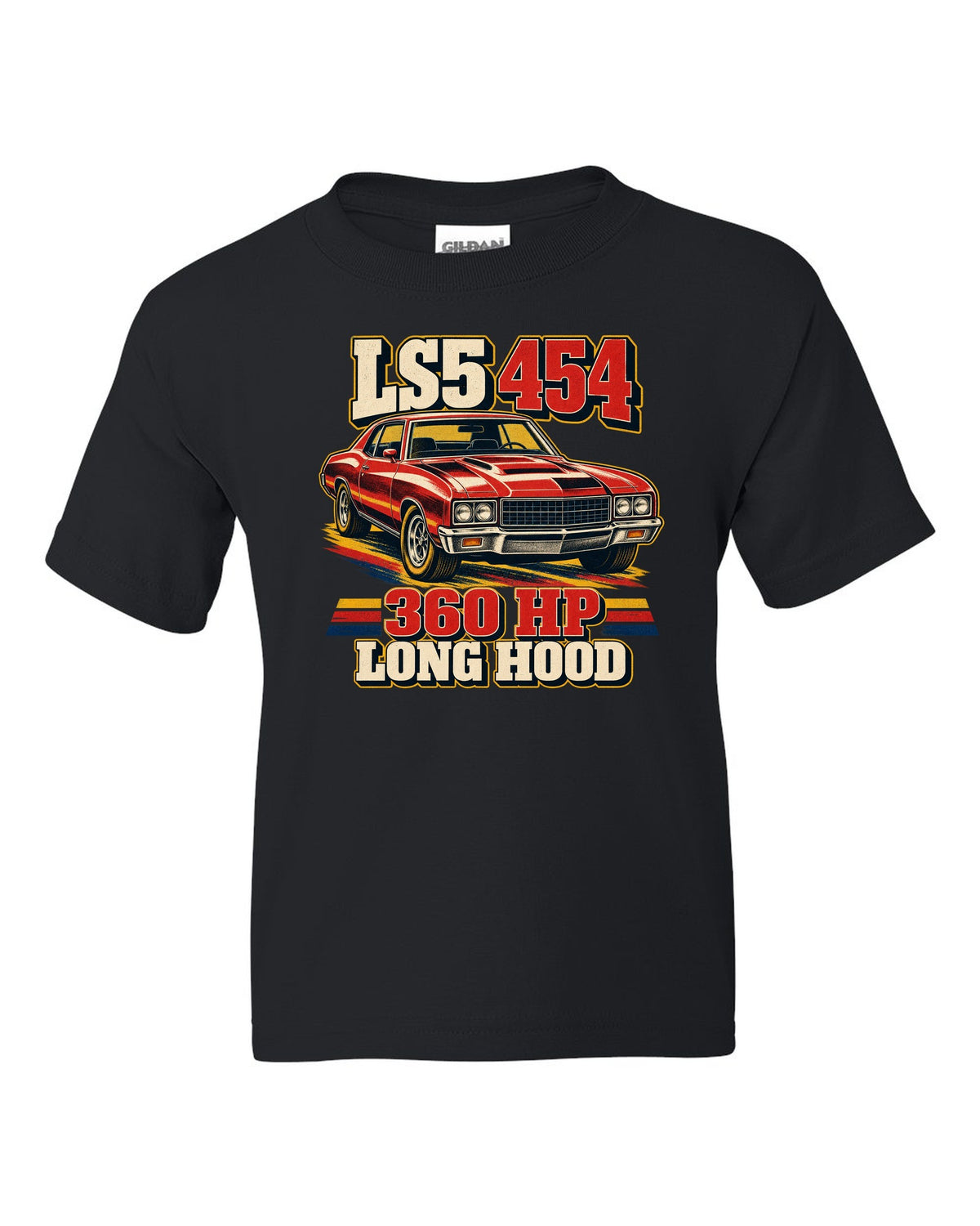 Vintage race poster print of a 1970 Chevrolet Monte Carlo SS 454 with the text LS5 454, 360 HP, Long Hood black kids tee front view with the design