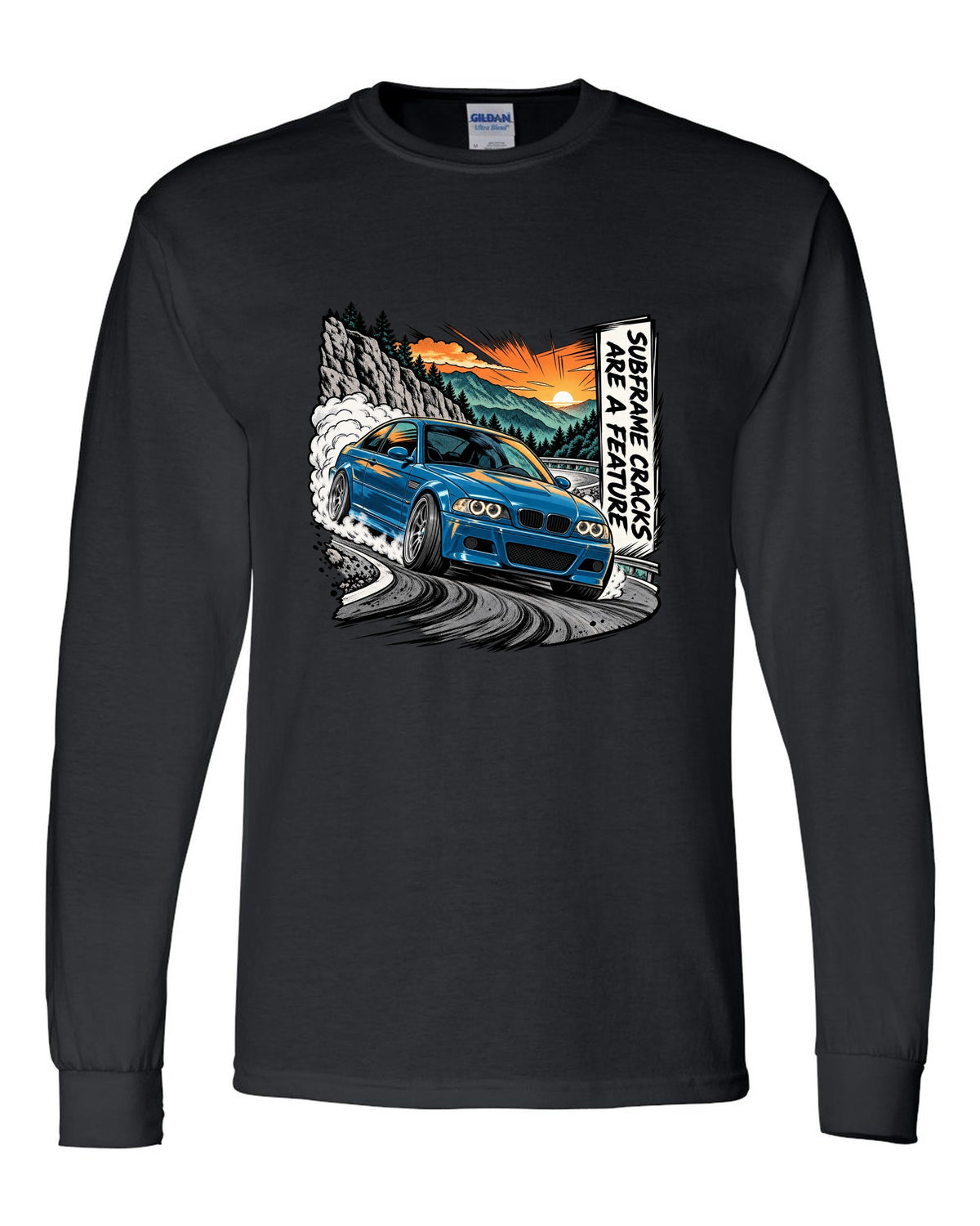 Retro manga halftone panel illustration of a BMW E46 M3 coupe on a mountain pass black long sleeve front view with the design