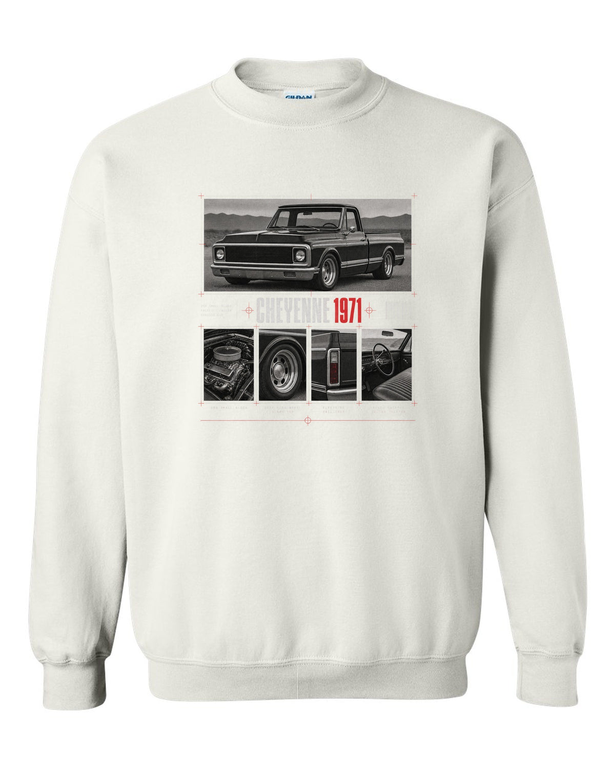 Dossier panel print of a 1971 Chevrolet C10 Cheyenne with 350 small block text white crewneck front view with the design