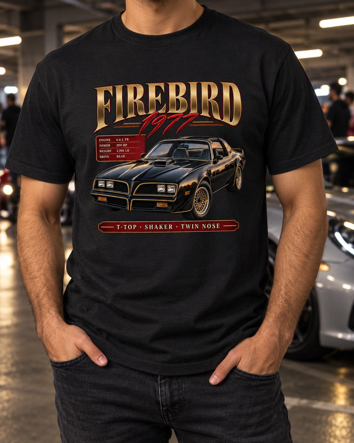 Pontiac Firebird 1977 T-Top Archive Panel Shirt, Shaker Twin Nose T-Shirt Black worn hero