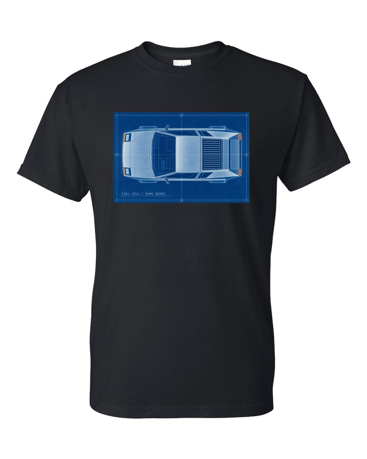 Cyanotype blueprint overhead drawing of the Hyundai N Vision 74 concept on a shirt back black t-shirt front view with the design