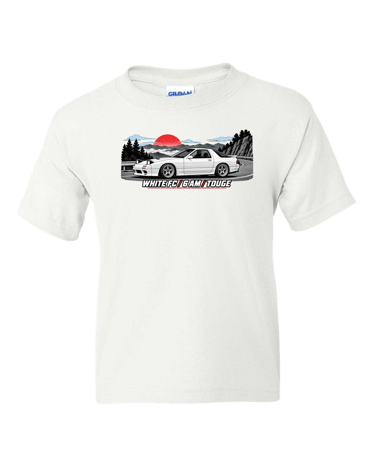 Pixel art print of a Mazda RX-7 SA22C with the text Compression, W's T white kids tee front view with the design