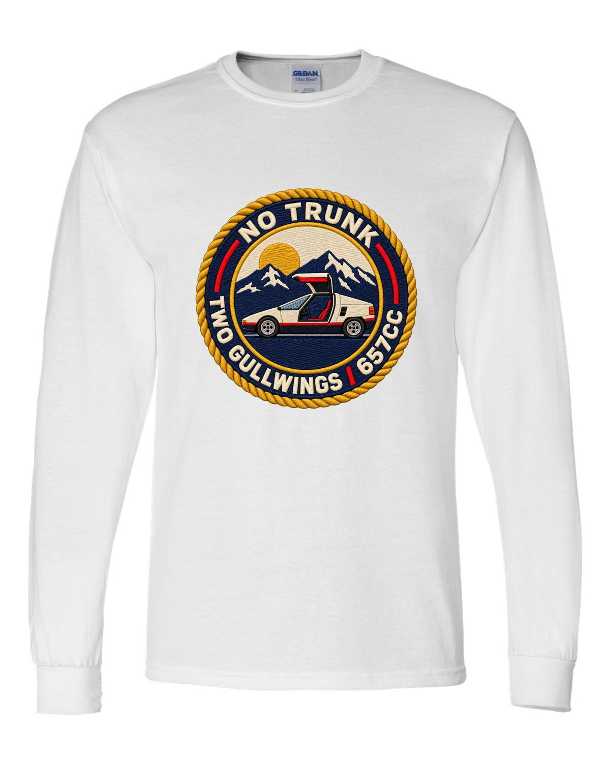 Embroidery-style varsity crest print for the Autozam AZ-1 PG6SA with no trunk two gullwings 657cc lettering white long sleeve front view with the design