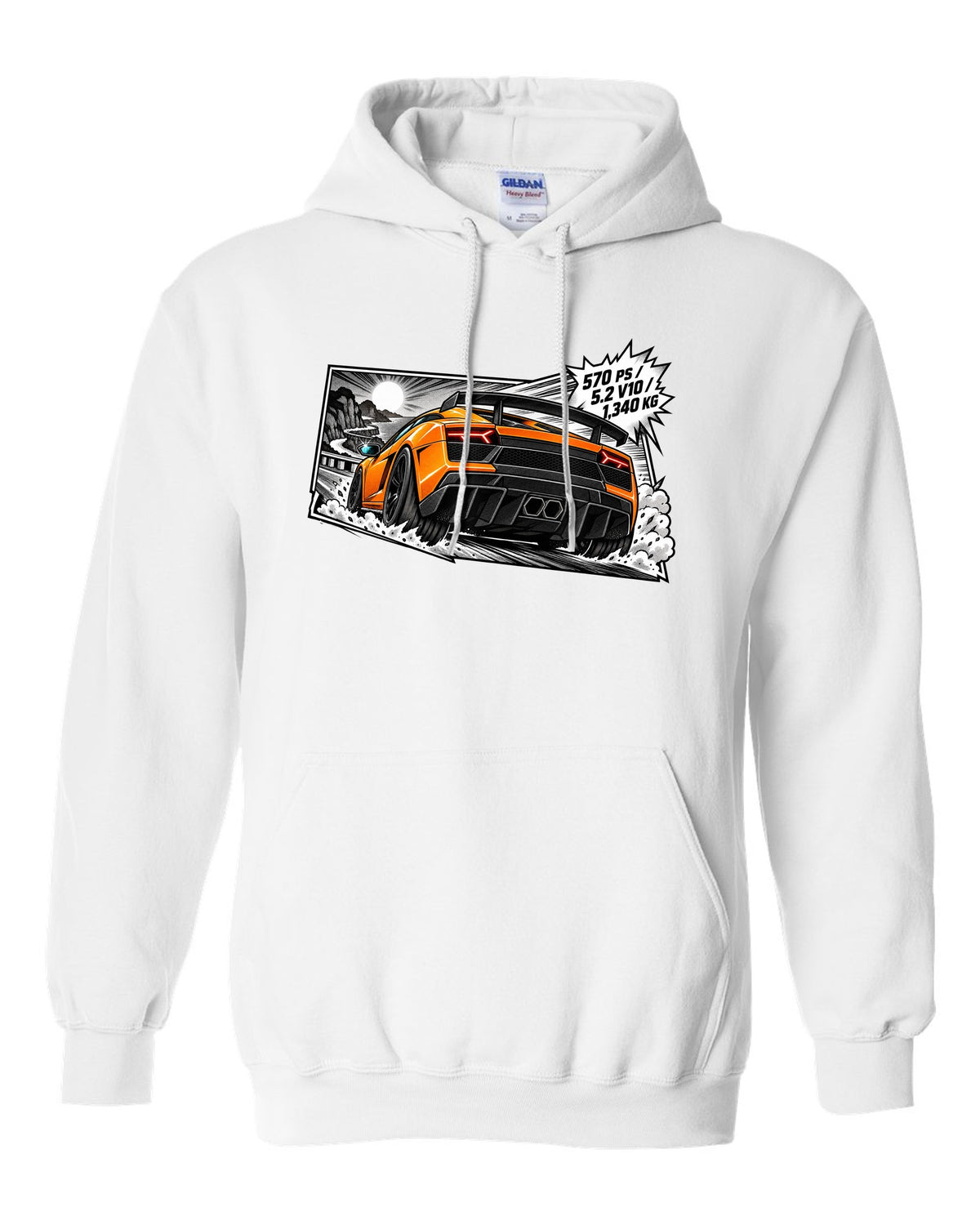 Retro manga halftone panel of a Lamborghini Gallardo LP570-4 Superleggera with spec text white pull over hoodie front view with the design