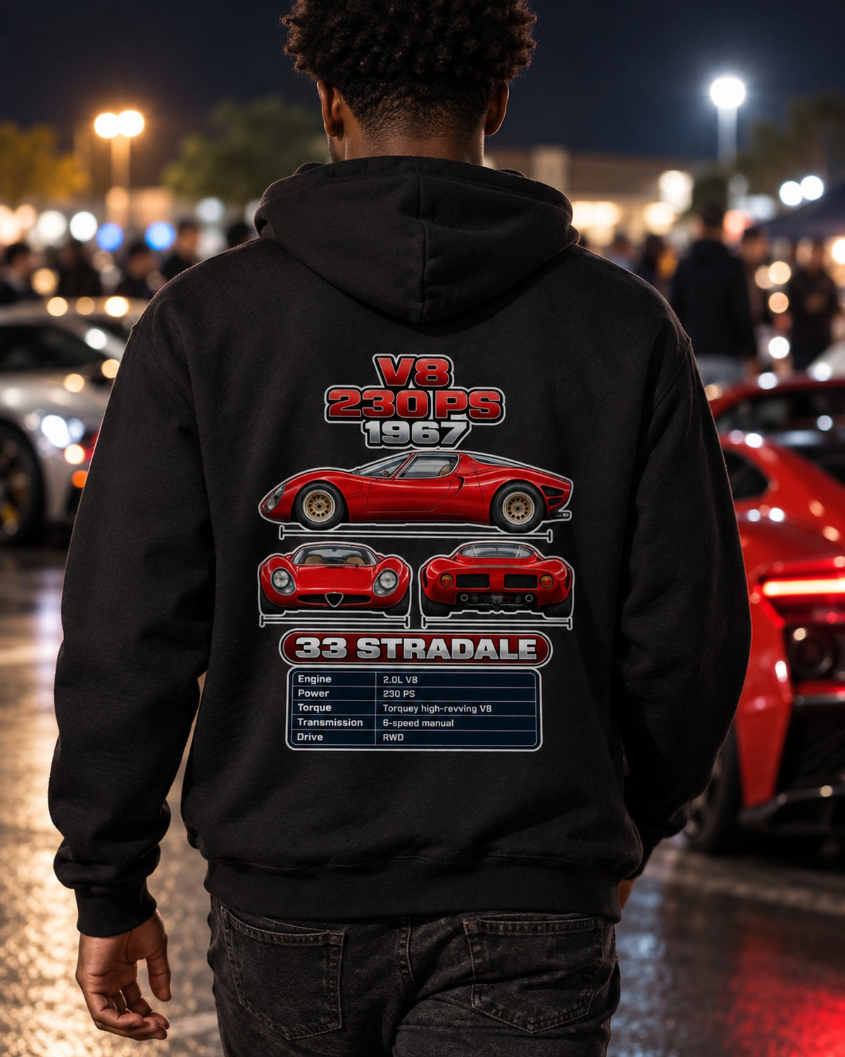Alfa Romeo 33 Stradale Spec Sheet Full-Back Graphic Tee Pull Over Hoodie Black worn hero