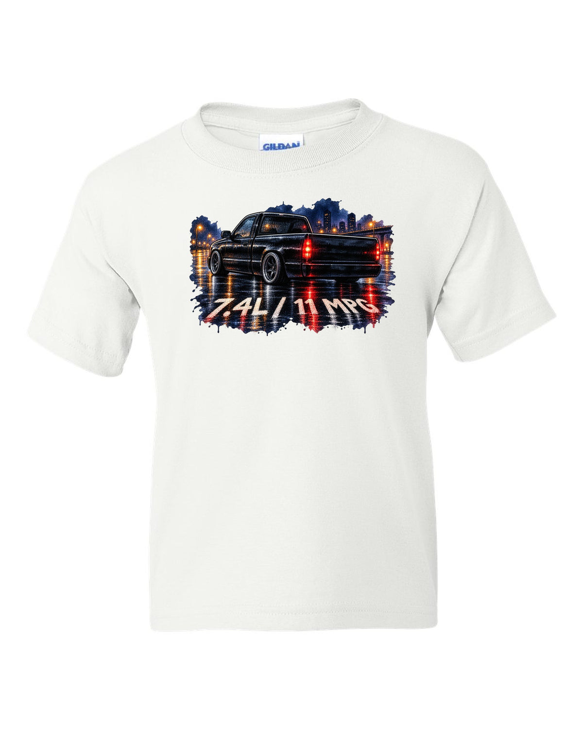 80s airbrush chrome print of a 1990-93 Chevrolet 454 SS pickup with 7.4L and 11 MPG text white kids tee front view with the design