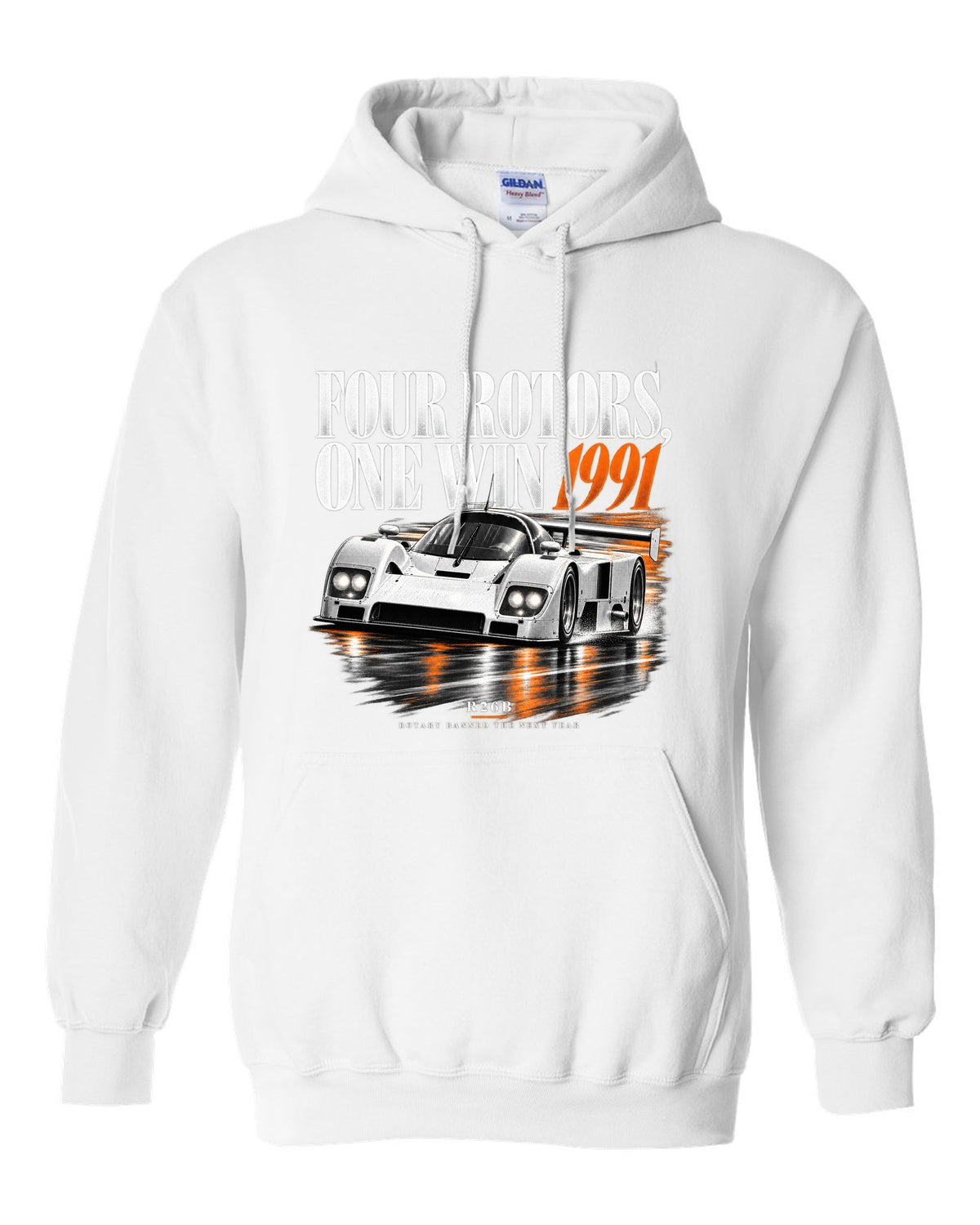 Mazda 787B four rotors editorial headline print, 1991 R26B white pull over hoodie front view with the design