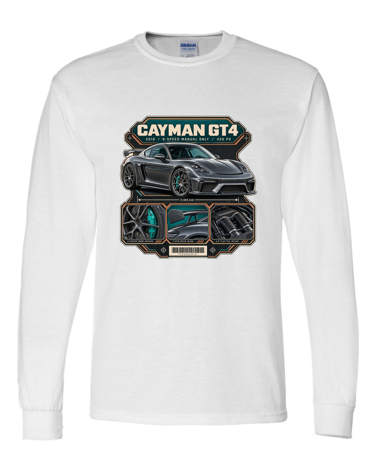 Dossier panel print of a Porsche 718 Cayman GT4 982 white long sleeve front view with the design